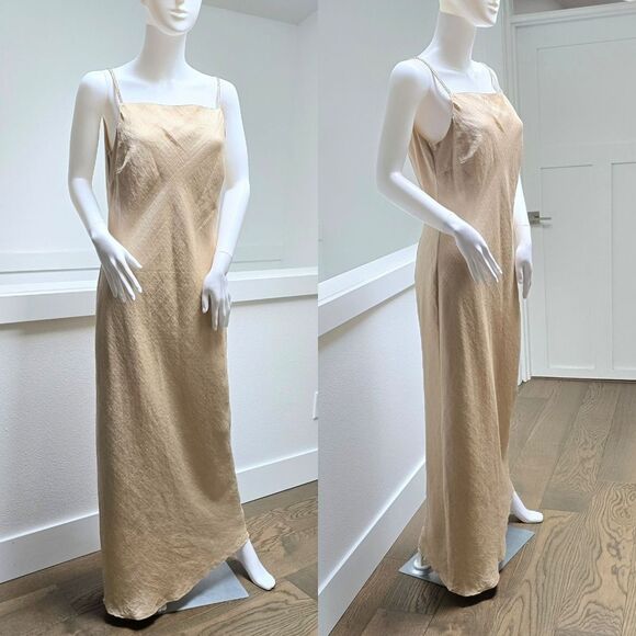 My Time Italy Linen Blend Square Neck Spaghetti Strap Maxi Slip Dress in Beige - Picture 1 of 12